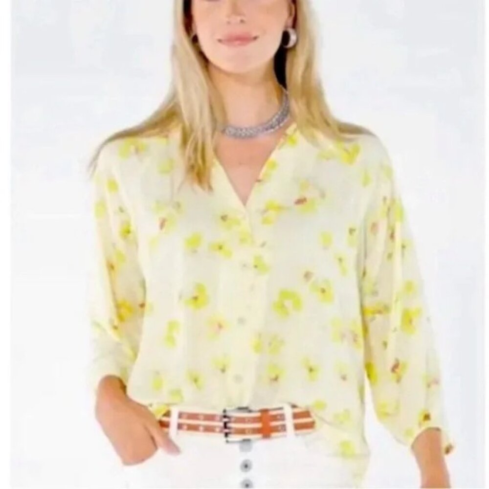 CABI #6294 Go to Button Down Yellow Floral Print Blouse ** SZ M